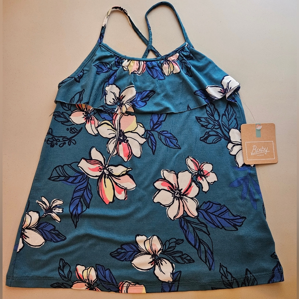 🎈$5 Bixby Nomad Girls Teal Cross-back Floral Tank Top
